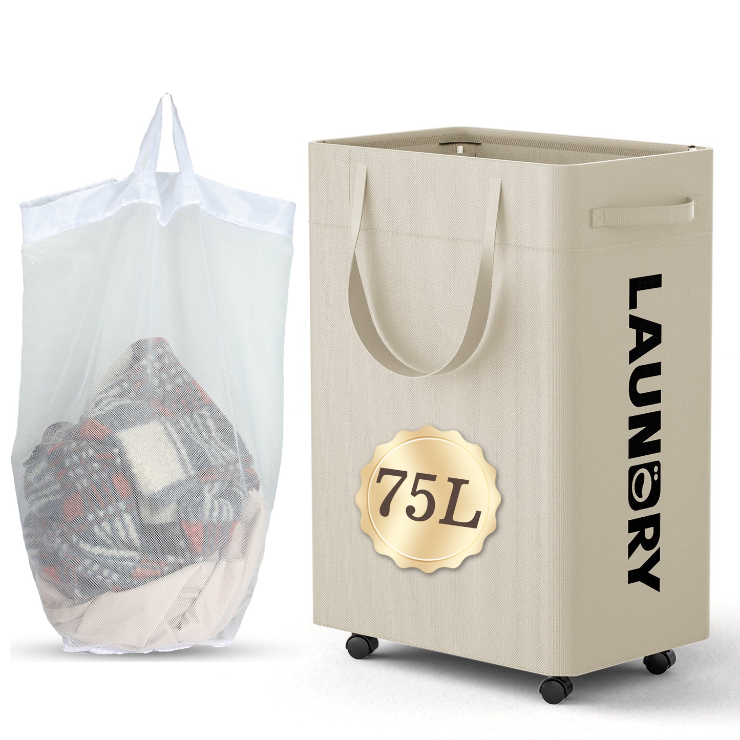 Delamu Laundry Basket with Wheels, Beige