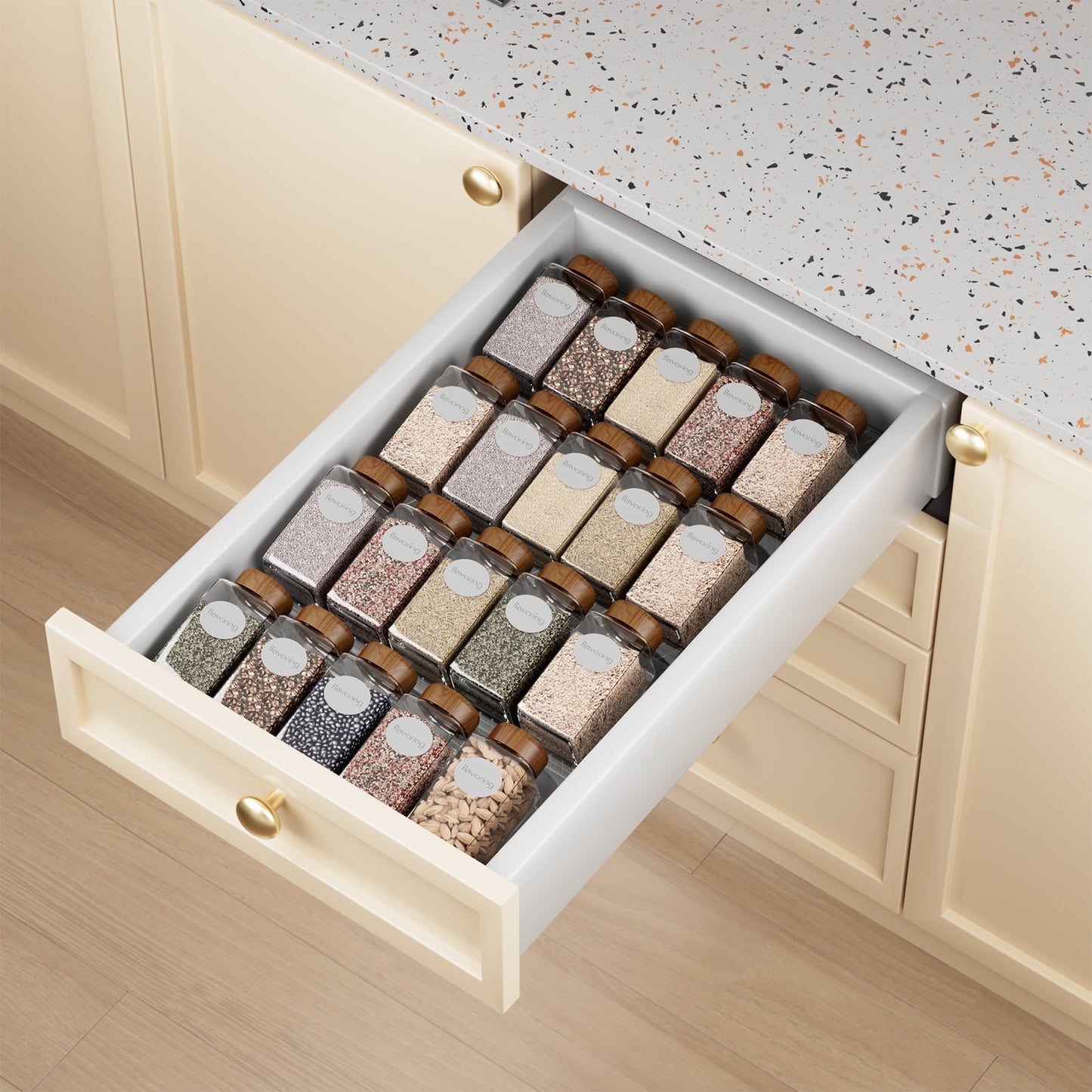 LAMU Spice Drawer Organizer 4 Pieces, PET Seasoning Organizer Rack, Clear Spice Rack Tray