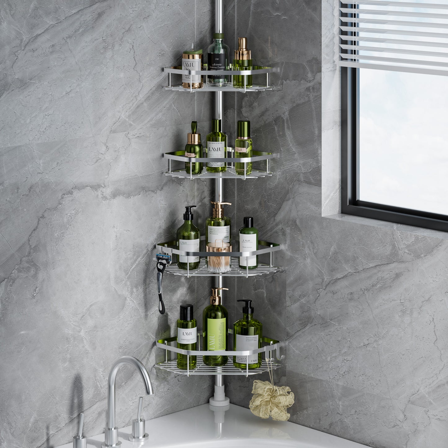 LAMU Corner Shower Caddy Tension Pole, Silver
