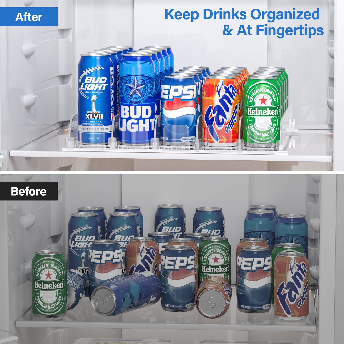 LAMU Drink Organizer for Fridge, Soda Can Organizer Dispenser for Refrigerator with Automatic Pusher Glide, Width Adjustable Clear Dividers Can Holder for 6-20oz Beverage, 15''D x16.6''W, 5 Rows
