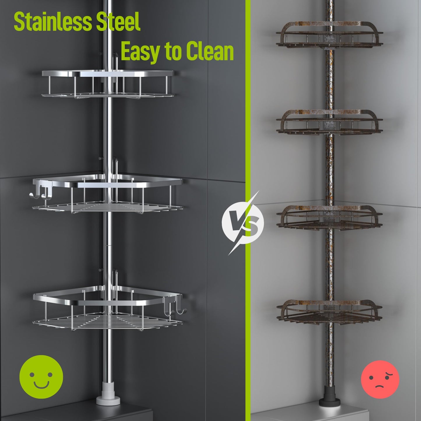 LAMU Corner Shower Caddy Tension Pole, Stainless Steel Shower Organizer, Strong Spring, 4 Adhesive Pads, 2.4" Non-Slip Grid Base, Adjustable 4-Tier Basket, 4 Hooks, Fits Heights 37.8-124", Silver