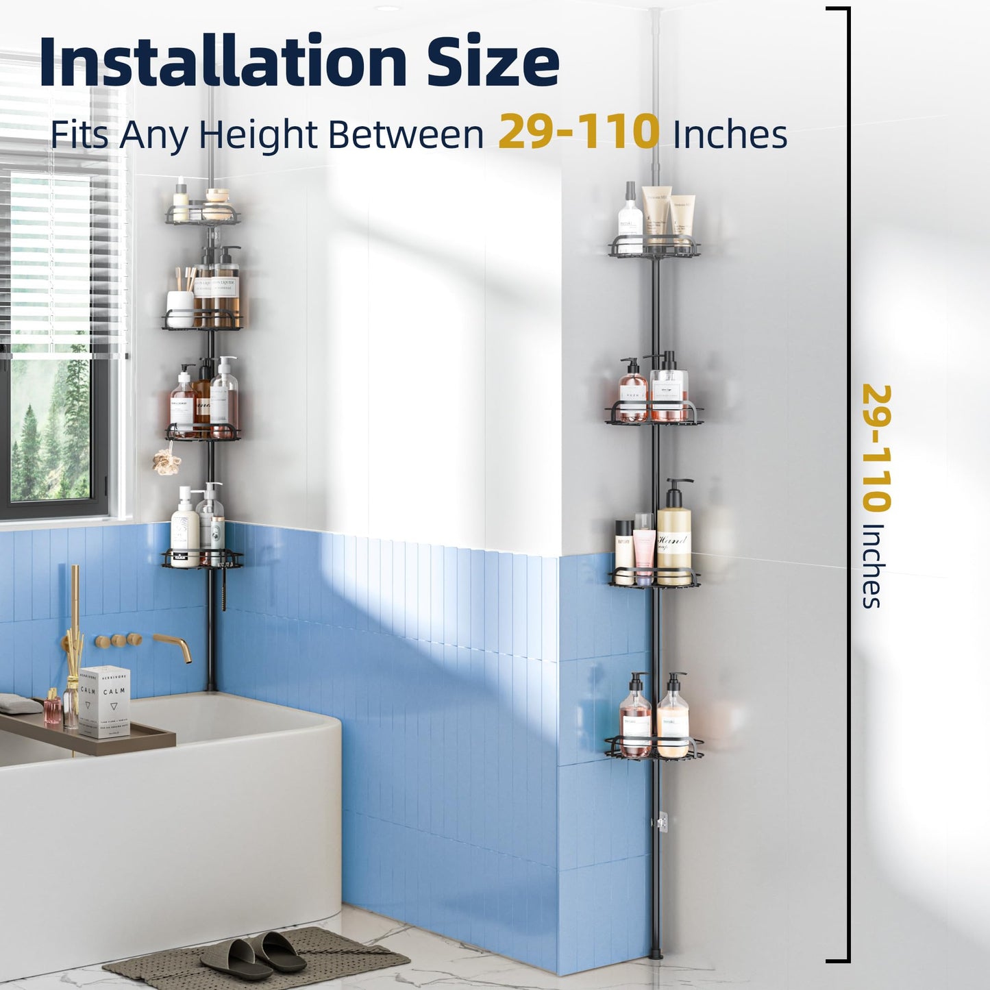 LAMU Corner Shower Caddy Tension Pole, Adjustable 4-Tier Shower Caddy, Fits 29-110 Inch Heights