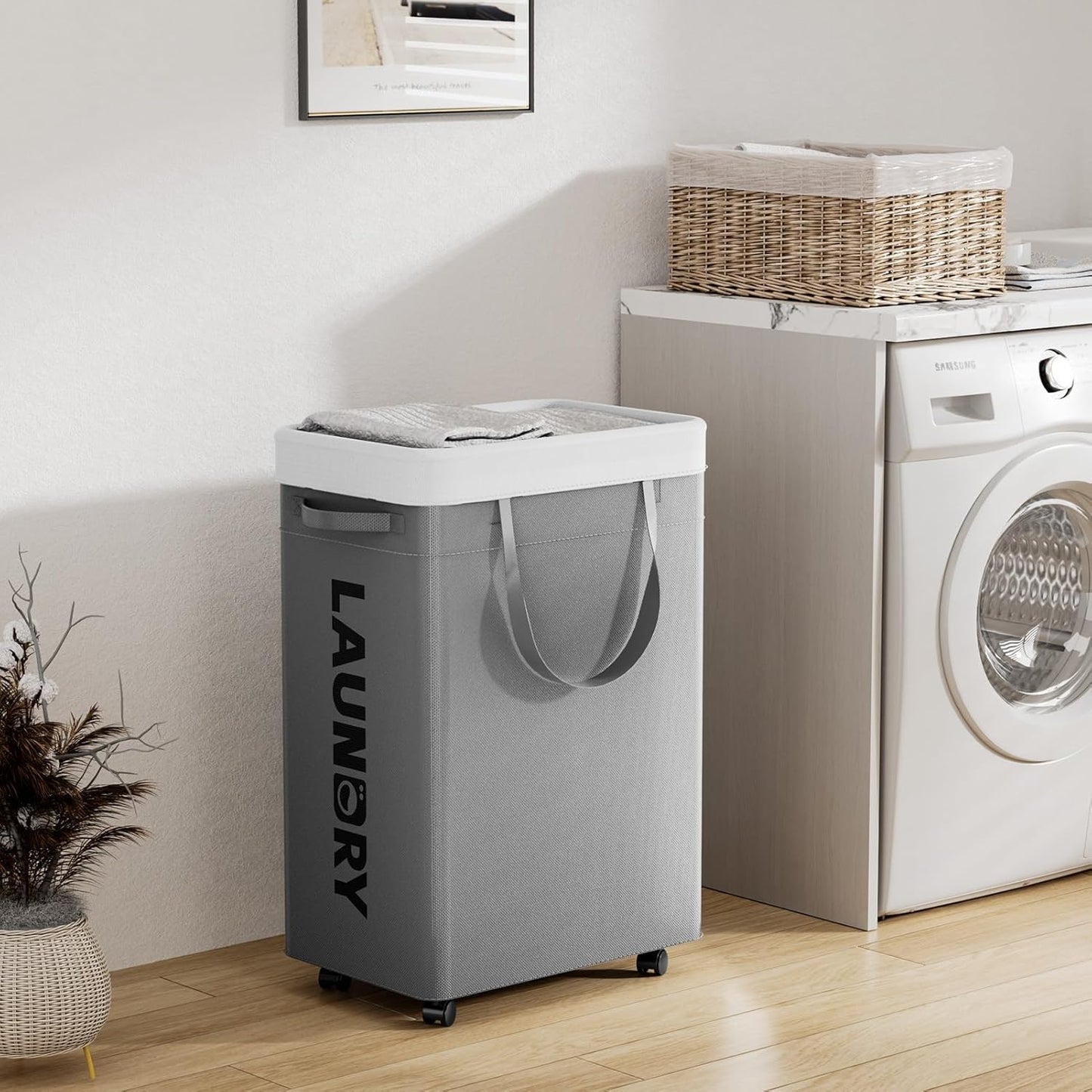 Delamu 75L Laundry Baskets with Wheels, Gray
