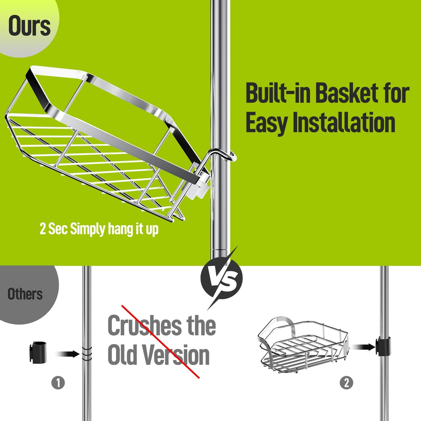 LAMU Corner Shower Caddy Tension Pole, Stainless Steel Shower Organizer, Strong Spring, 4 Adhesive Pads, 2.4" Non-Slip Grid Base, Adjustable 4-Tier Basket, 4 Hooks, Fits Heights 37.8-124", Silver