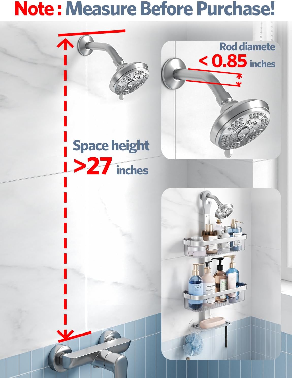 LAMU Hanging Shower Caddy, Over-the-Showerhead with Hooks