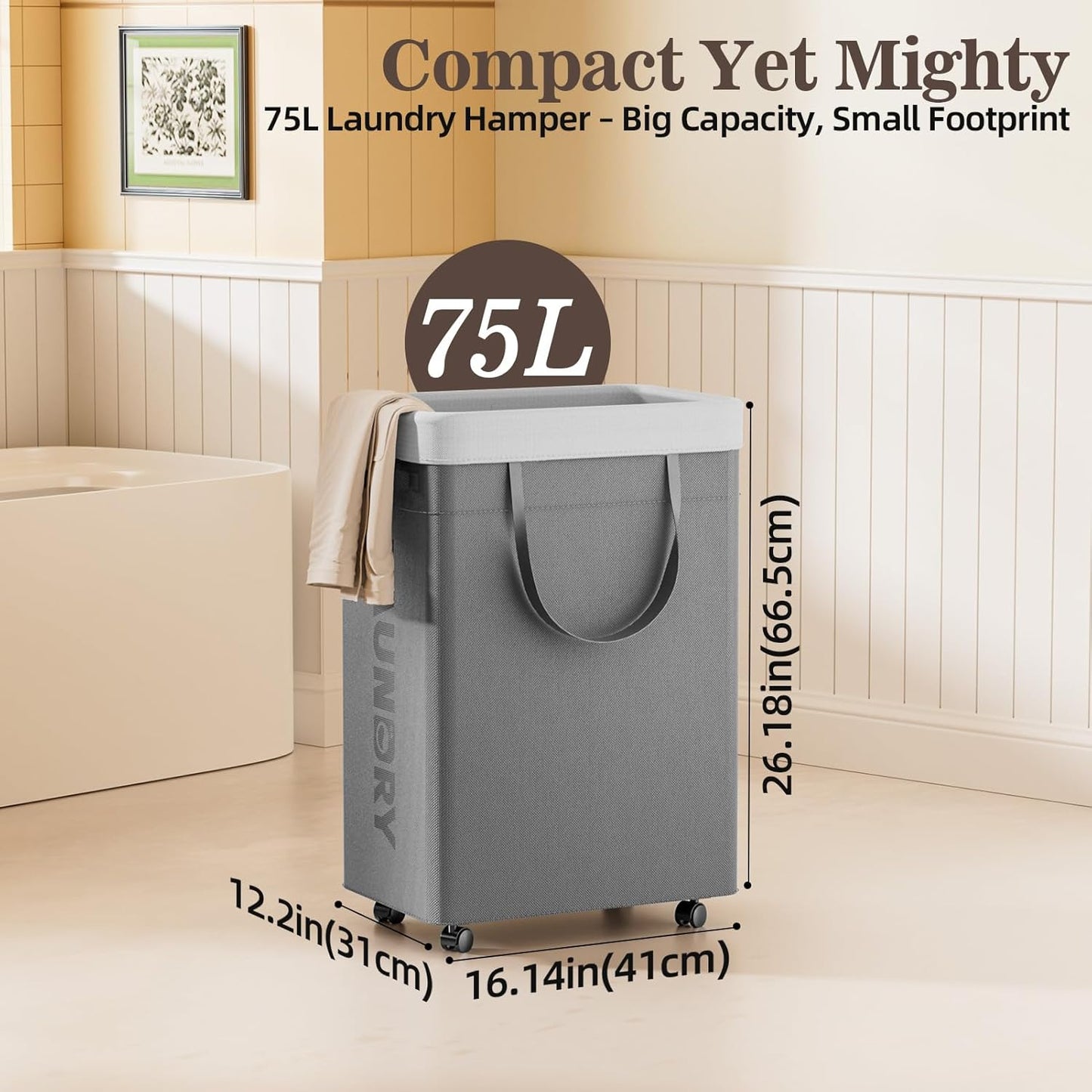 Delamu 75L Laundry Baskets with Wheels, Gray
