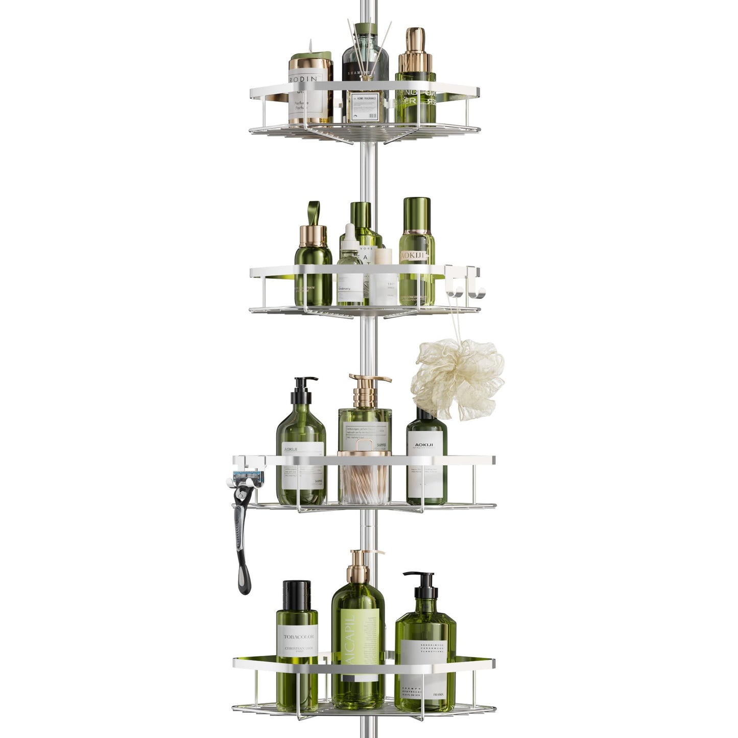 LAMU Corner Shower Caddy Tension Pole, Stainless Steel Shower Organizer, Strong Spring, 4 Adhesive Pads, 2.4" Non-Slip Grid Base, Adjustable 4-Tier Basket, 4 Hooks, Fits Heights 37.8-124", Silver
