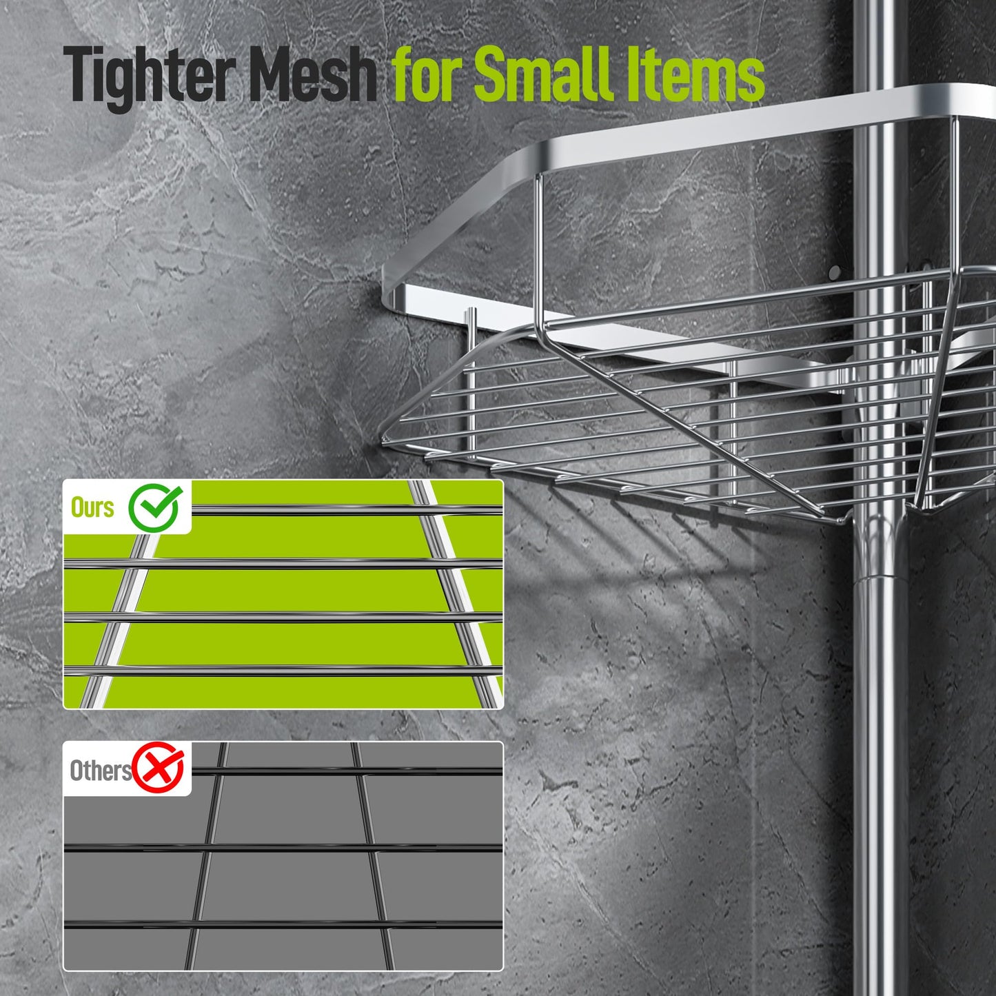 LAMU Corner Shower Caddy Tension Pole, Stainless Steel Shower Organizer, Strong Spring, 4 Adhesive Pads, 2.4" Non-Slip Grid Base, Adjustable 4-Tier Basket, 4 Hooks, Fits Heights 37.8-124", Silver
