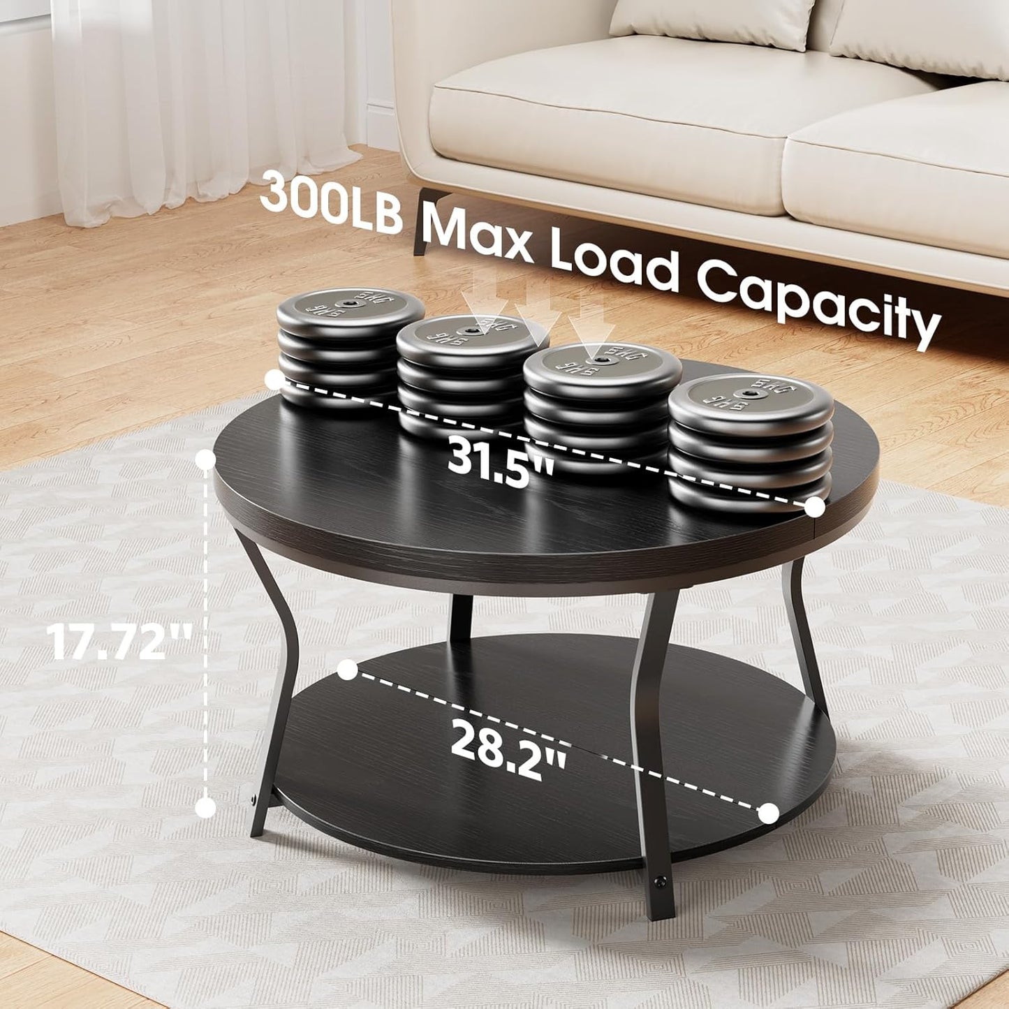 Delamu Round Coffee Table, 2 Tier Circle Wood Coffee Tables for Living Room, Black