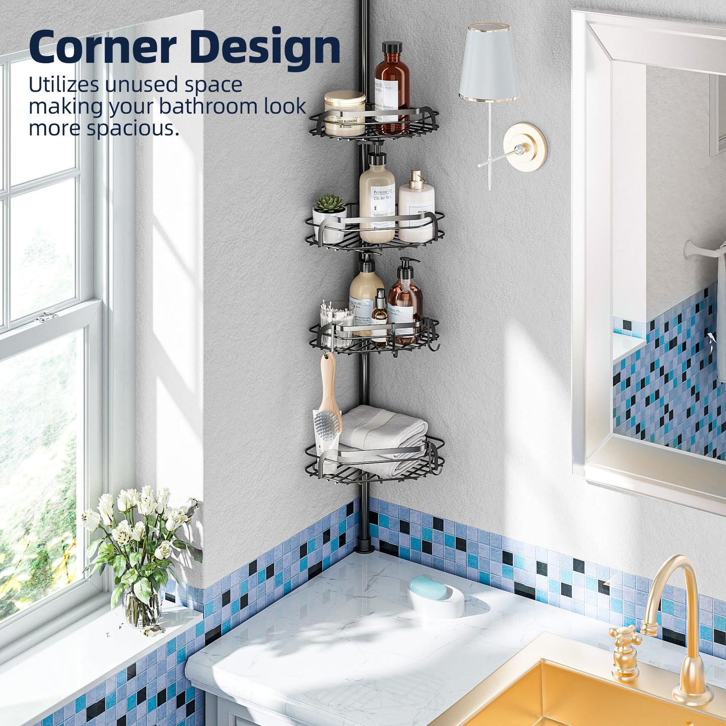 LAMU Corner Shower Caddy Tension Pole, Adjustable 4-Tier Shower Caddy, Fits 29-110 Inch Heights