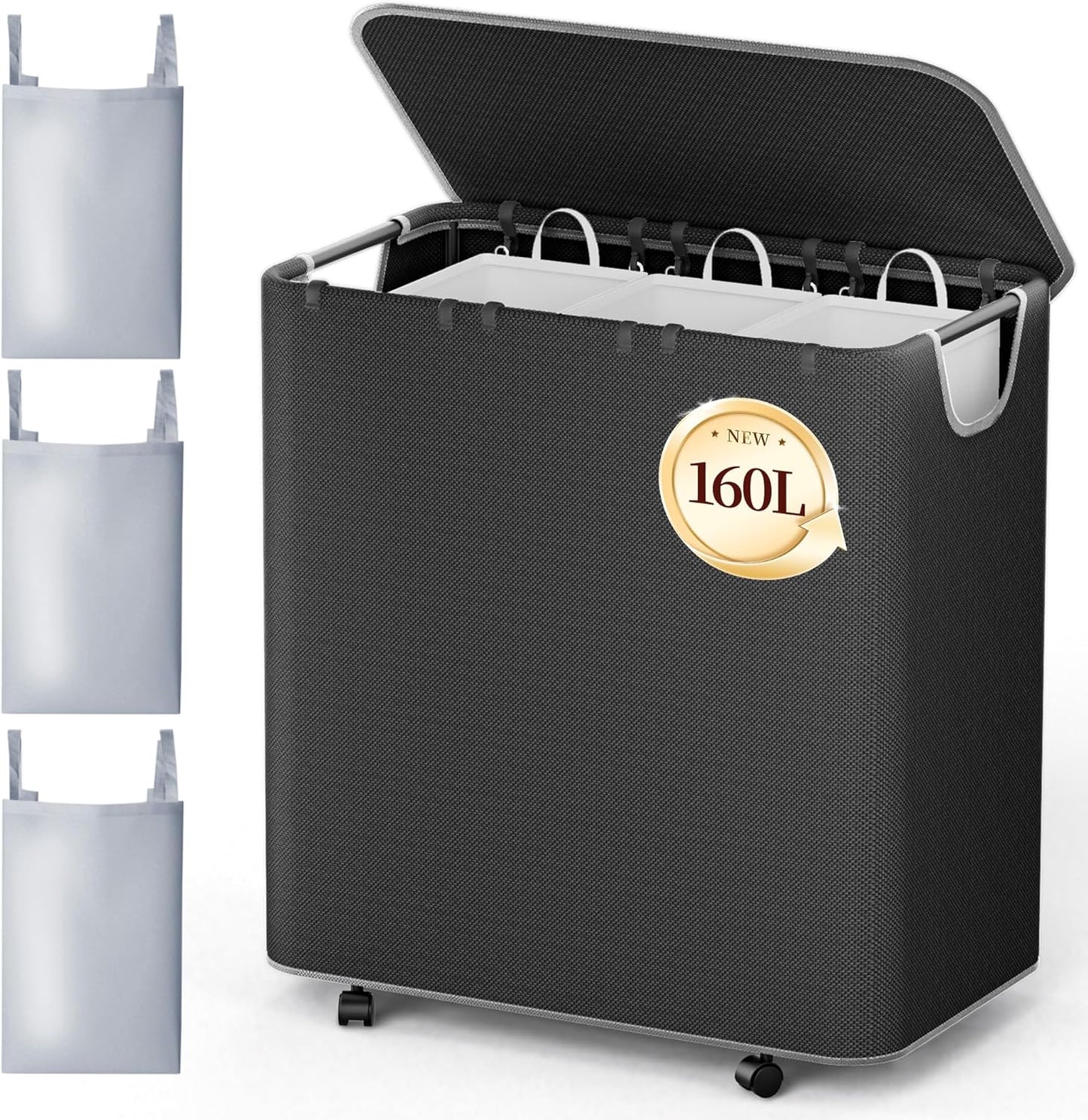 Delamu 160L Laundry Hamper with Wheels, Black
