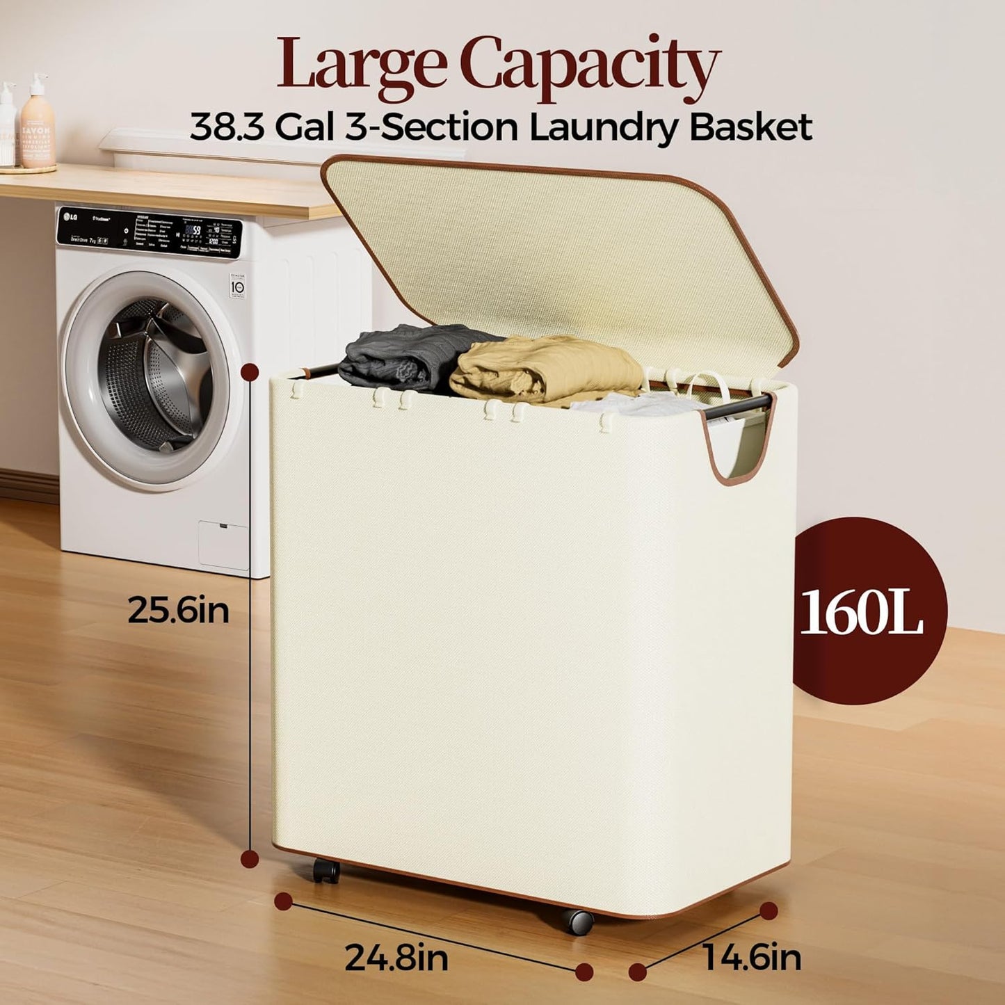 Delamu 160L Laundry Basket with Wheels, Beige