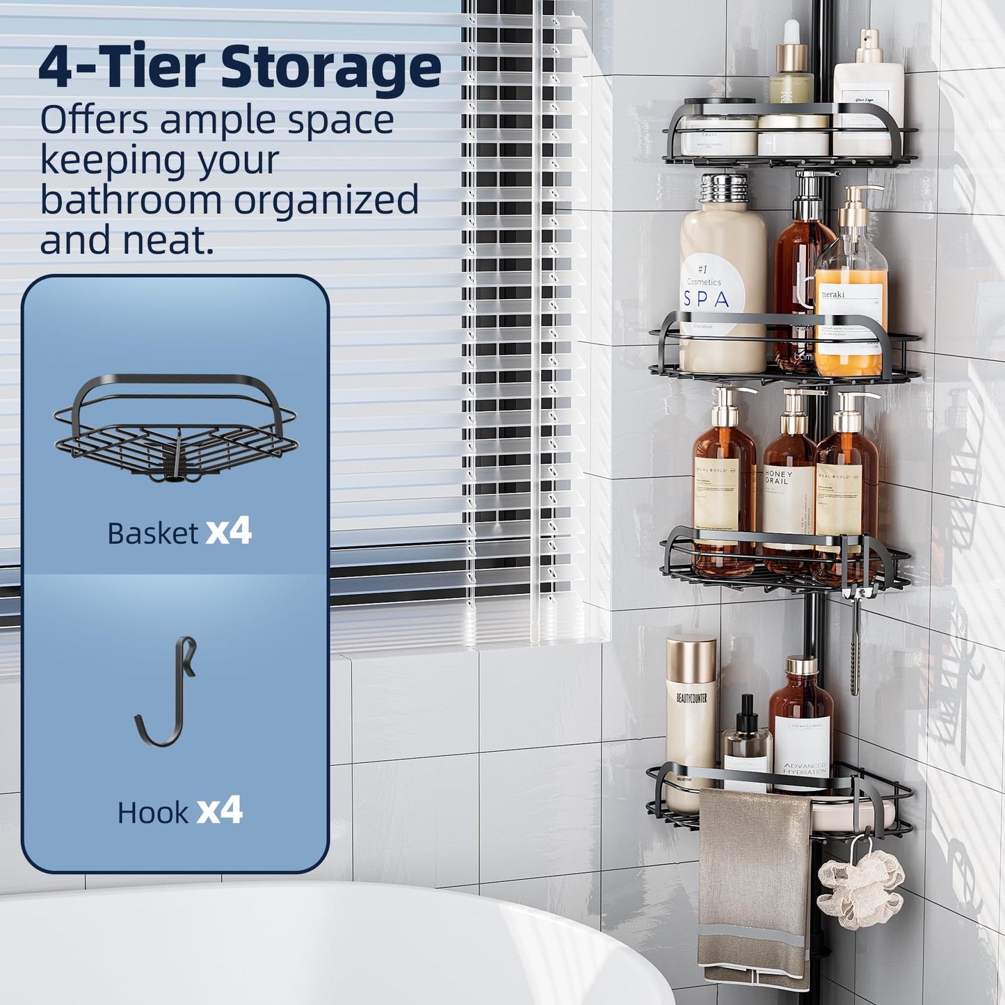 LAMU Corner Shower Caddy Tension Pole, Adjustable 4-Tier Shower Caddy, Fits 29-110 Inch Heights