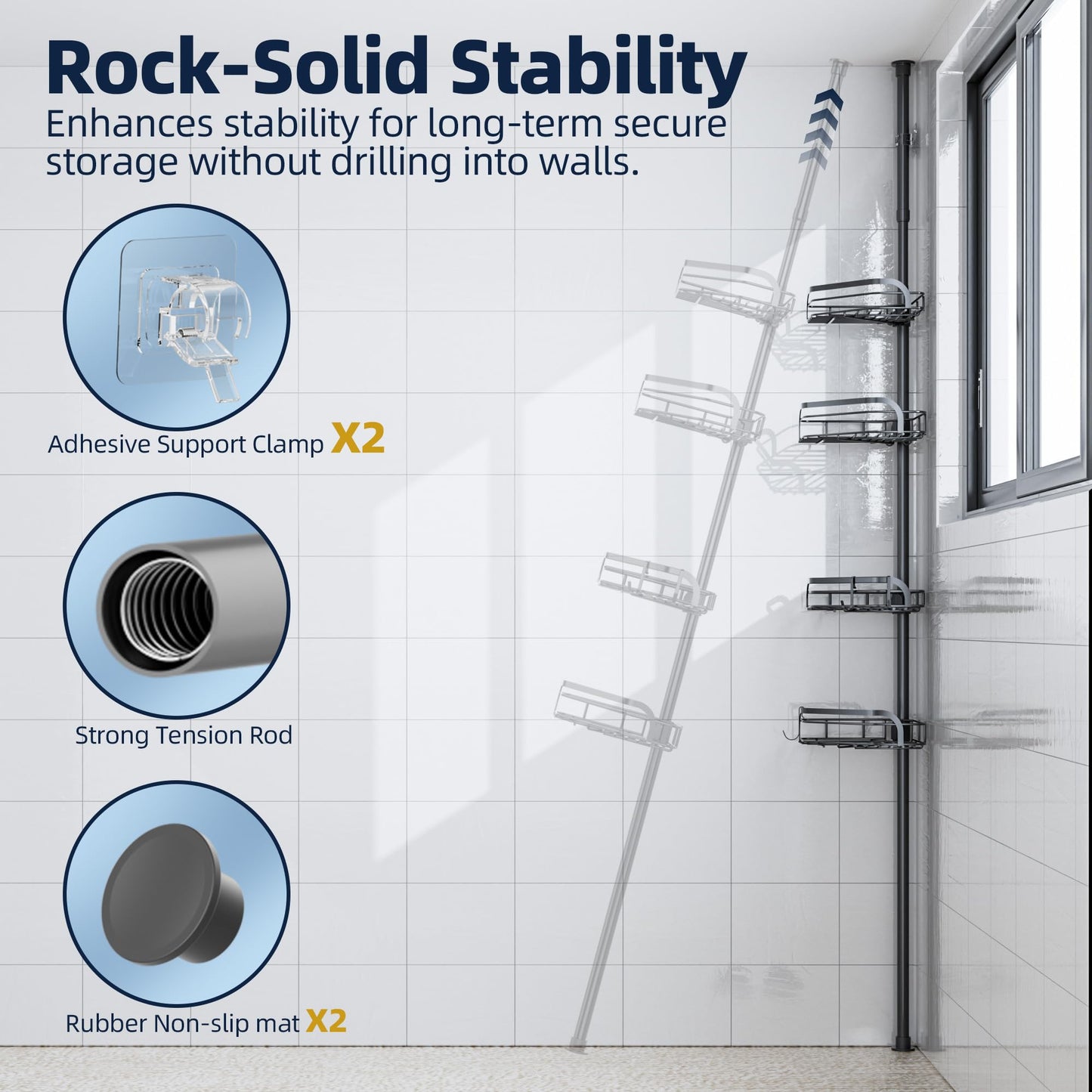 LAMU Corner Shower Caddy Tension Pole, Adjustable 4-Tier Shower Caddy, Fits 29-110 Inch Heights