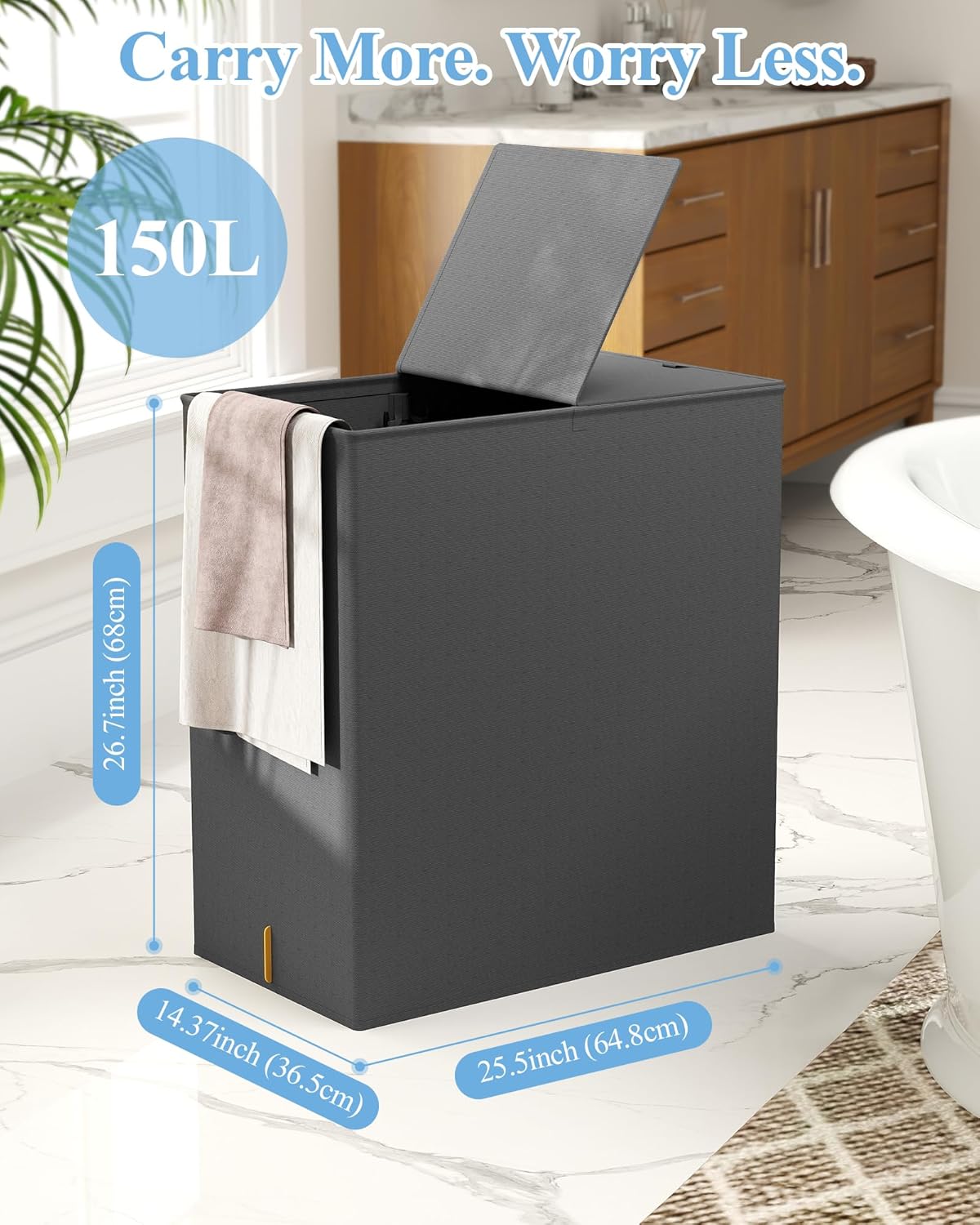 Delamu 150L Large Laundry Hamper with Lid, Gray
