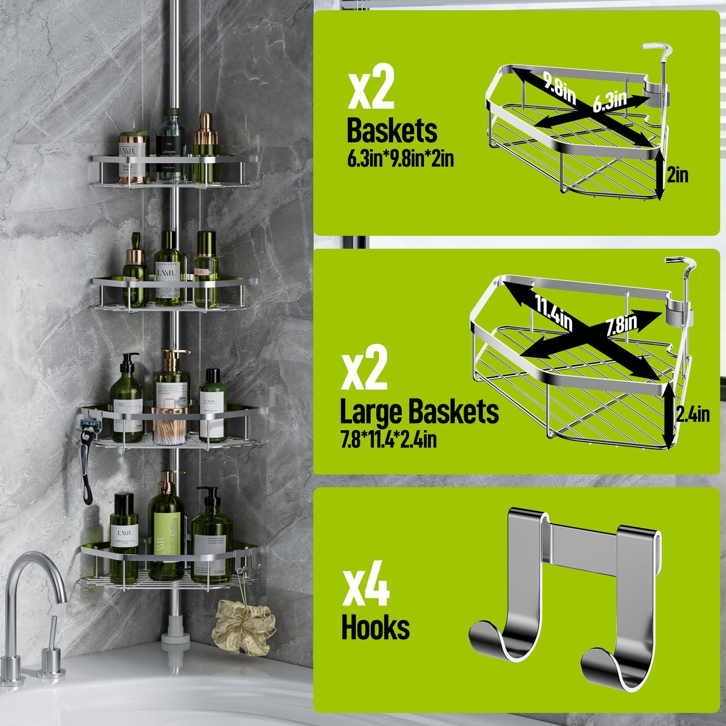 LAMU Corner Shower Caddy Tension Pole, Stainless Steel Shower Organizer, Strong Spring, 4 Adhesive Pads, 2.4" Non-Slip Grid Base, Adjustable 4-Tier Basket, 4 Hooks, Fits Heights 37.8-124", Silver