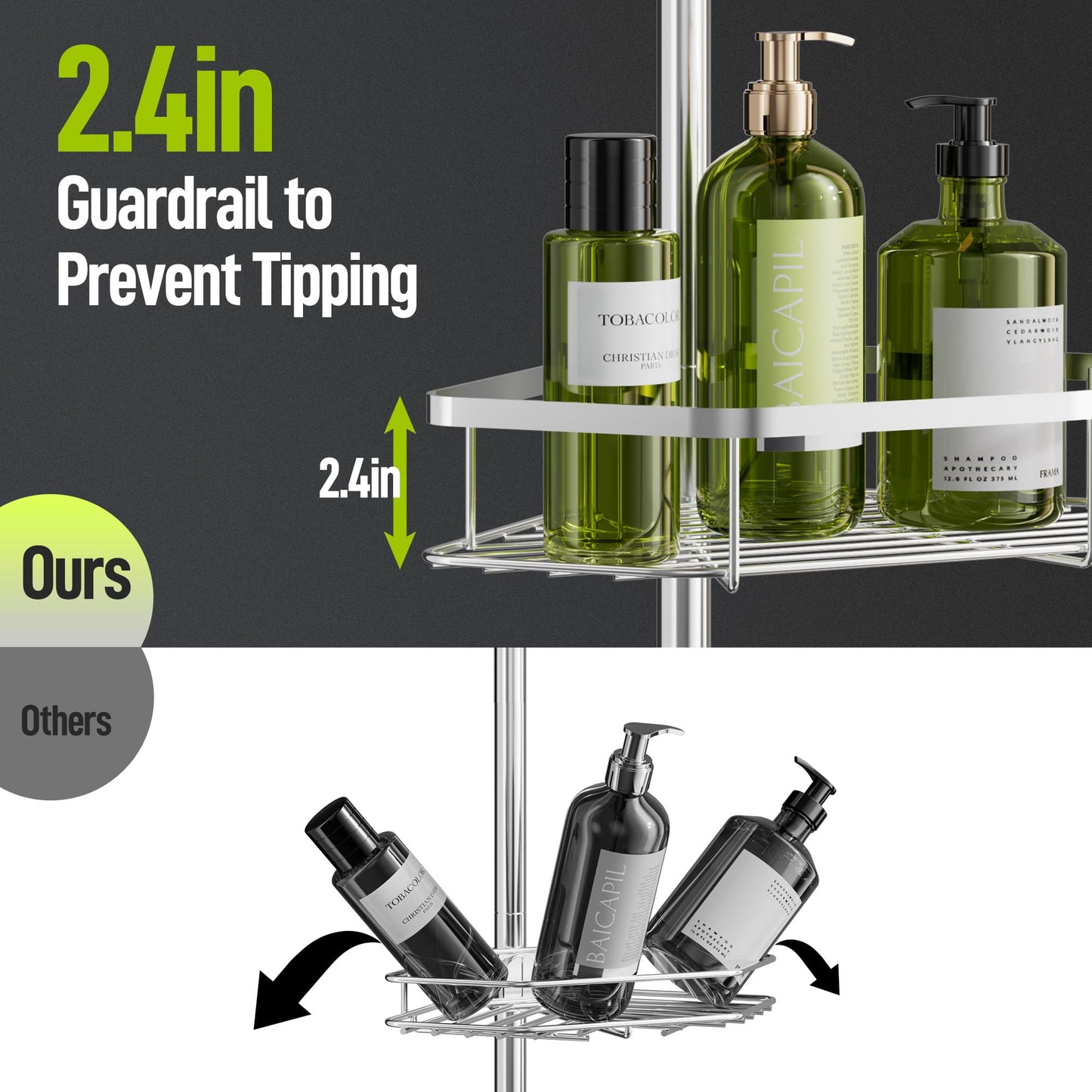 LAMU Corner Shower Caddy Tension Pole, Stainless Steel Shower Organizer, Strong Spring, 4 Adhesive Pads, 2.4" Non-Slip Grid Base, Adjustable 4-Tier Basket, 4 Hooks, Fits Heights 37.8-124", Silver