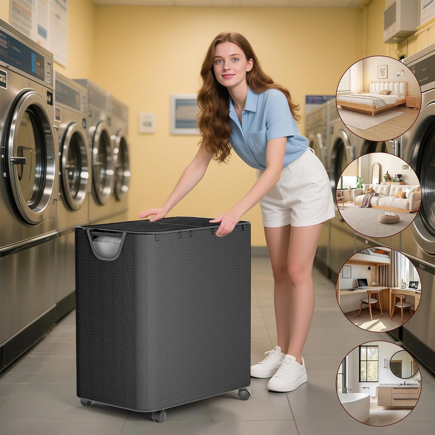 Delamu 160L Laundry Hamper with Wheels, Black