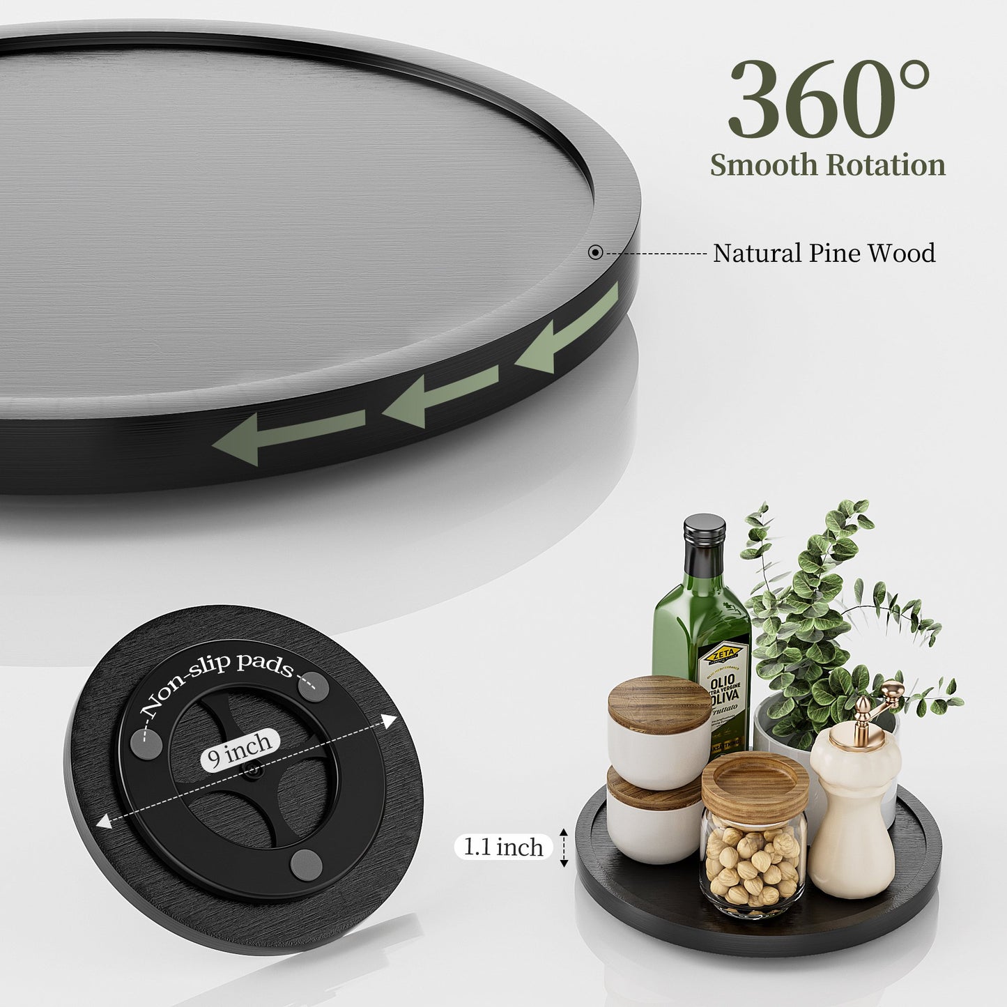LAMU 10" Bamboo Lazy Susan Kitchen Turntable for Pantry Cabinet or Table, Black