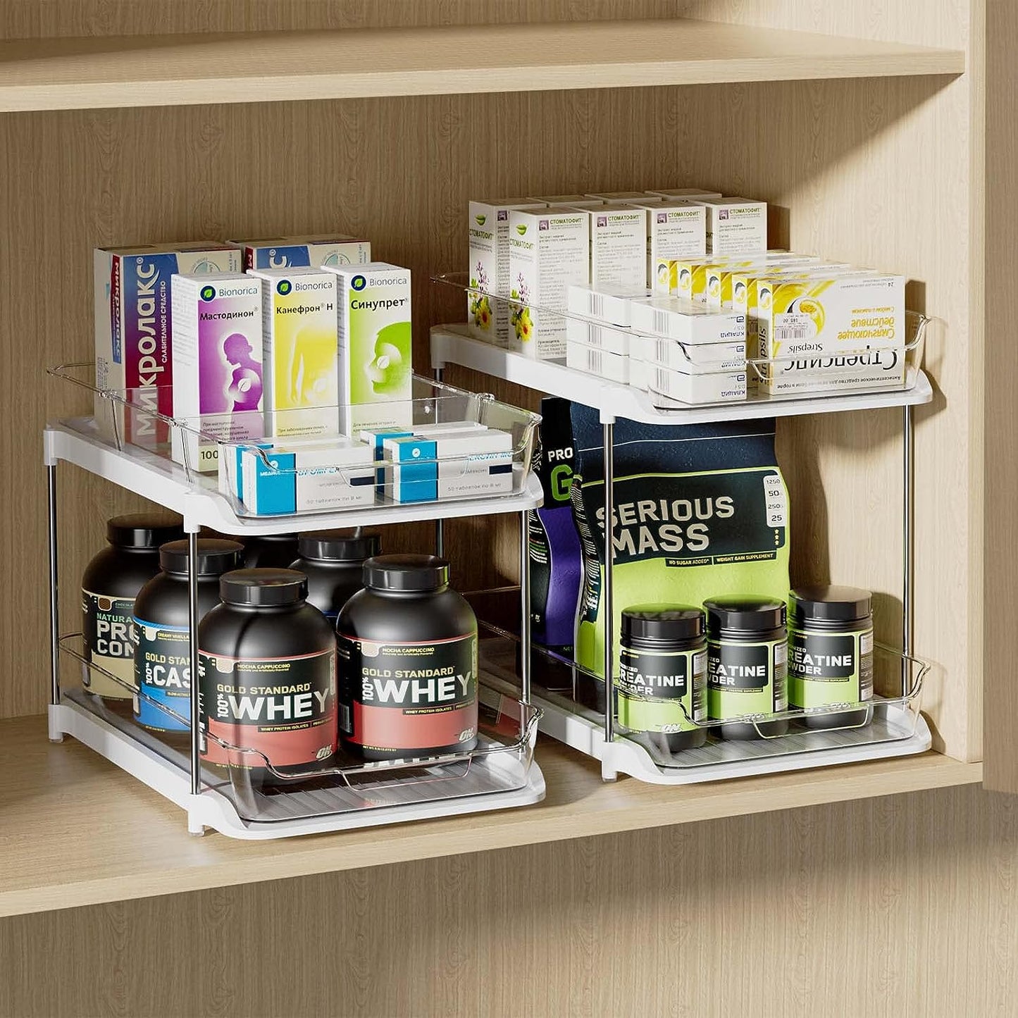 Delamu 2 Pack/set Under Sink Organizers and Storage, 2 -Tier Sliding Bathroom organizer, Multi-Use Under Kitchen Cabinet Storage Shelf (S&L), Transparent