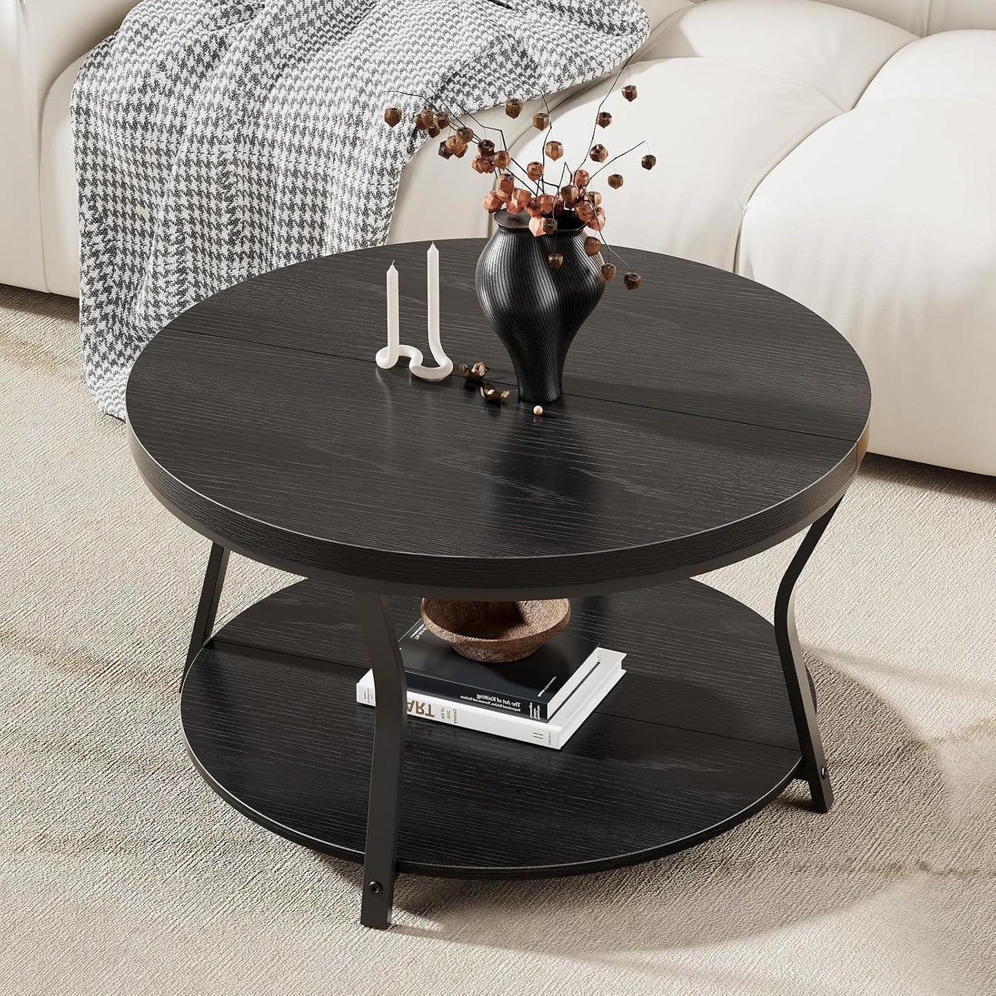 Delamu Round Coffee Table, 2 Tier Circle Wood Coffee Tables for Living Room, Black