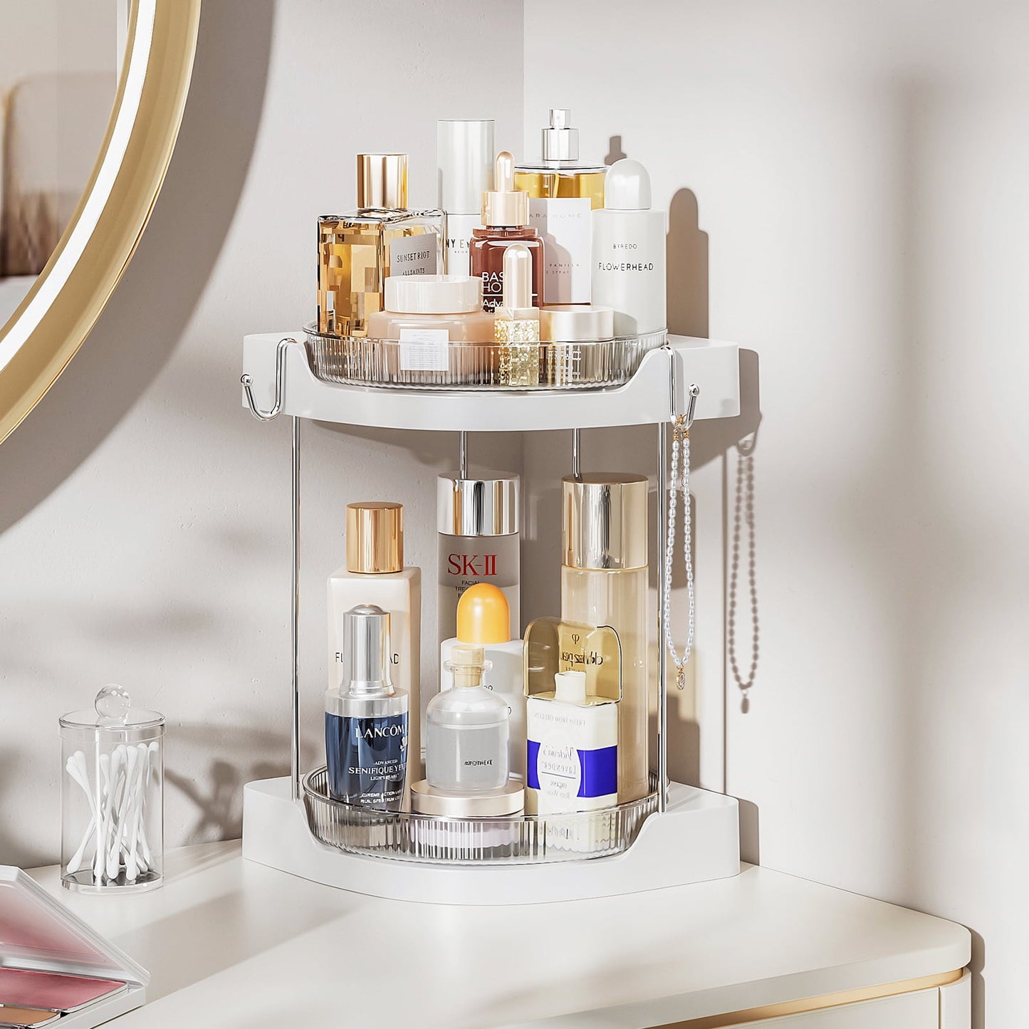 DELAMU 2 Tier Rotating Bathroom Countertop Makeup Organizer, Skincare Storage Shelf Vanity Trays Cosmetic Corner Organizer 360 Spinning, White