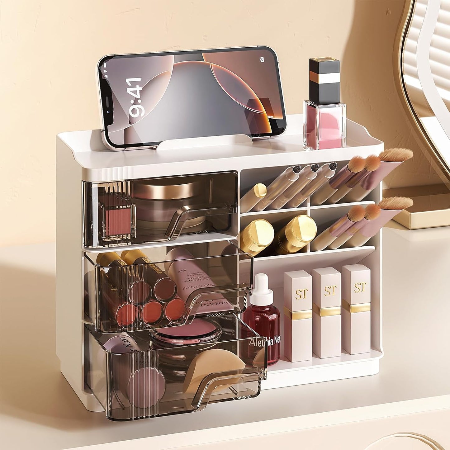 Delamu Makeup Organizer with Drawers, Multi-Function Vanity Organizer Countertop, Stackable Desk Organizer for Makeup Brush Lipstick Skincare Bathroom Vanity Organization and Storage, White