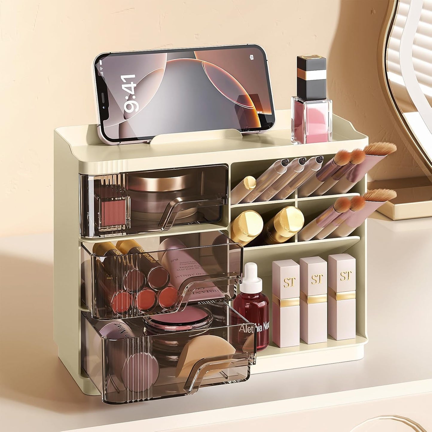 Delamu Makeup Organizer with Drawers, Multi-Function Vanity Organizer Countertop, Stackable Desk Organizer for Makeup Brush Lipstick Skincare Bathroom Vanity Organization and Storage, Yellow