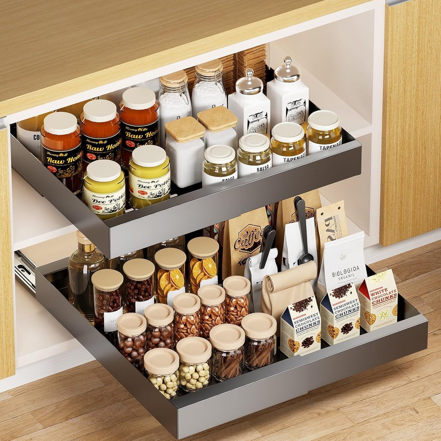 DELAMU Pull Out Cabinet Organizer, Expandable Heavy Duty Slide Out Drawers Fixed with Adhesive, Roll Out Shelf Storage for Kitchen Base Cabinet Organization, Pantry, Bathroom