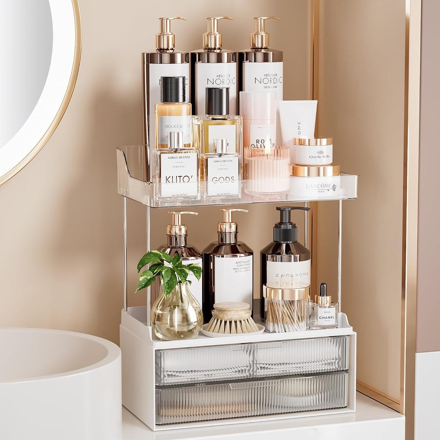 2-tier Vanity Organizer, Delamu Bathroom Countertop Organizer 2 Drawers, Multi-Purpose Makeup Organizer Countertop Cosmetics, Clear