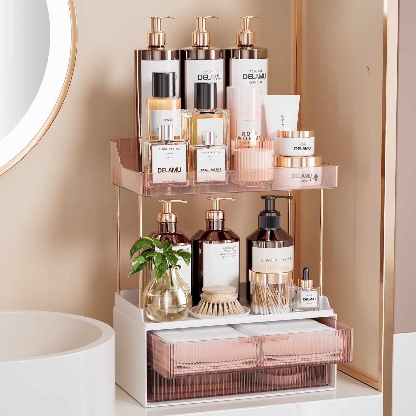 Delamu 2-Tier 2-Drawer Bathroom Organizer Countertop, Multi-Purpose Makeup Organizer Countertop, Large Skincare Organizers, Exquisite Vanity Organizer, Grapefruit Color