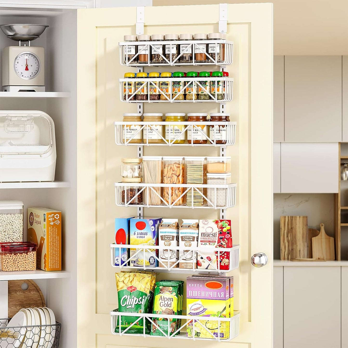 Delamu Over the Door Rack Organizer with 6 Tier Adjustable Shelves Powder Coated Steel for Kitchen Bathroom Laundry Room, 16''W White