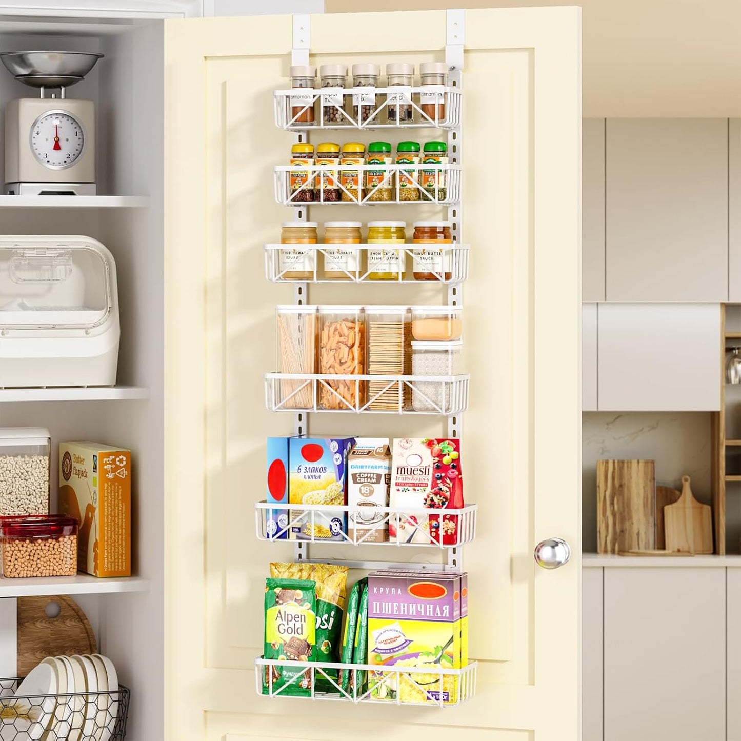 Delamu 6-Tier Over the Door Rack Organizer, Adjustable Pantry Organizers and Storage Shelves, Metal Hanging Spice Rack Organizer, Cabinet Door Organizer for Kitchen Bathroom Laundry Room, 12" White