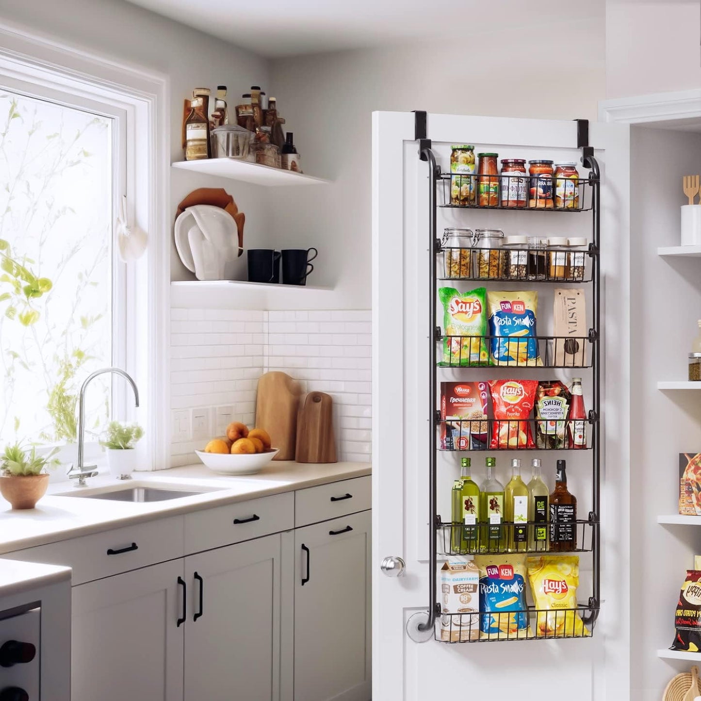 Delamu 6-Tier Over the Door Pantry Organizer, Heavy-Duty Metal Spice Rack with Baskets, Hanging Pantry Organizer Rack, D5.1xW18xH50.4inch, Black