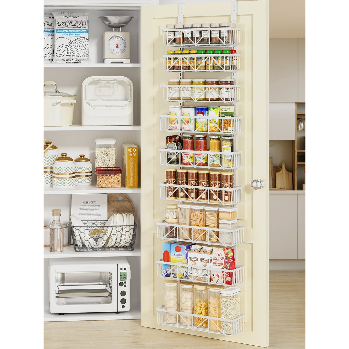 Delamu 9-Tier Over the Door Pantry Organizer, Spice Rack and Organizer, 75 in White Home Storage, Adjustable Baskets