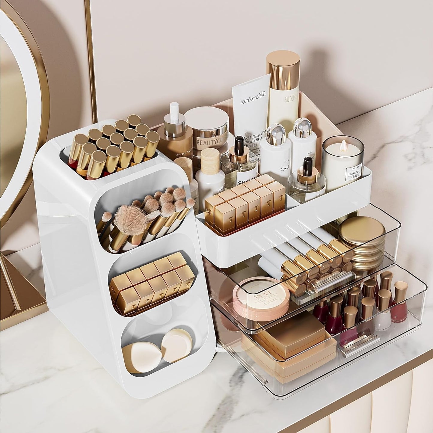 Delamu Makeup Organizer with Drawers for Vanity, Spacious Cosmetic Display Case with Makeup Brush Holder, Perfect Vanity Bathroom Organizer and Storage for Skincare & Beauty Essentials, White