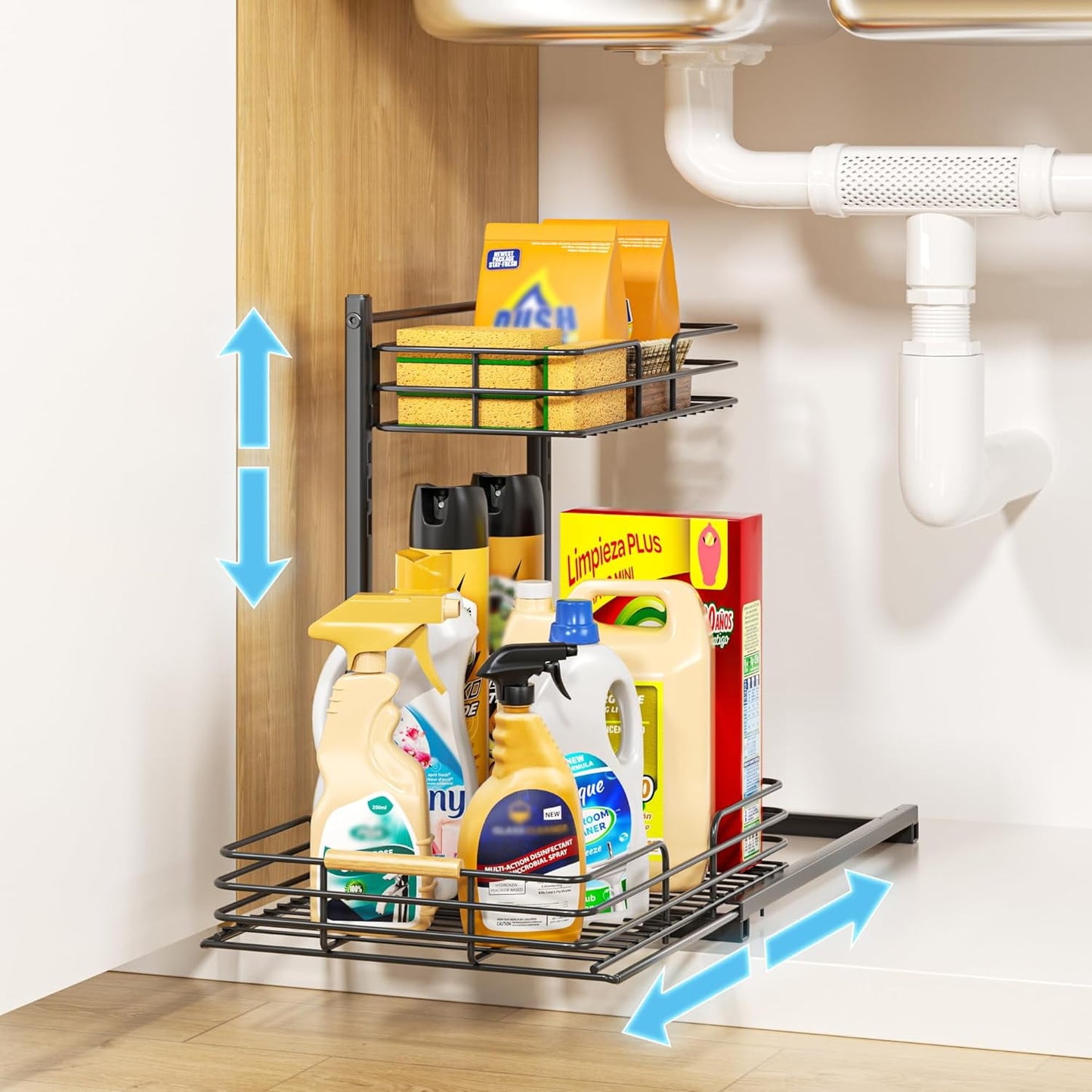 Delamu Metal Under Sink Organizer 1 Pack, Adjustable Height Pull Out Cabinet Organizer 2 Tier Slide Out Under Sink Storage for Kitchen Bathroom Cabinet, W11.8 x L15.8 x H16.6 inch, Black