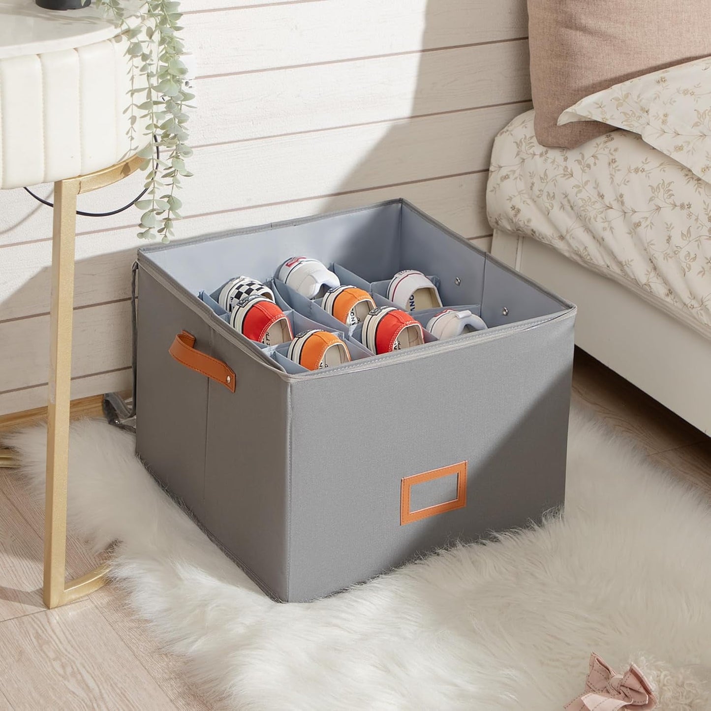 Delamu Shoe Storage Boxes with 16 grids, Shoe Organizer for Closet, Shoe Container with Handle, Gray