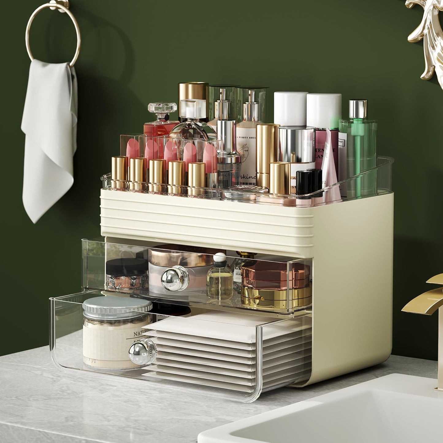 LAMU Makeup Organizer Countertop with Extra Large Drawer