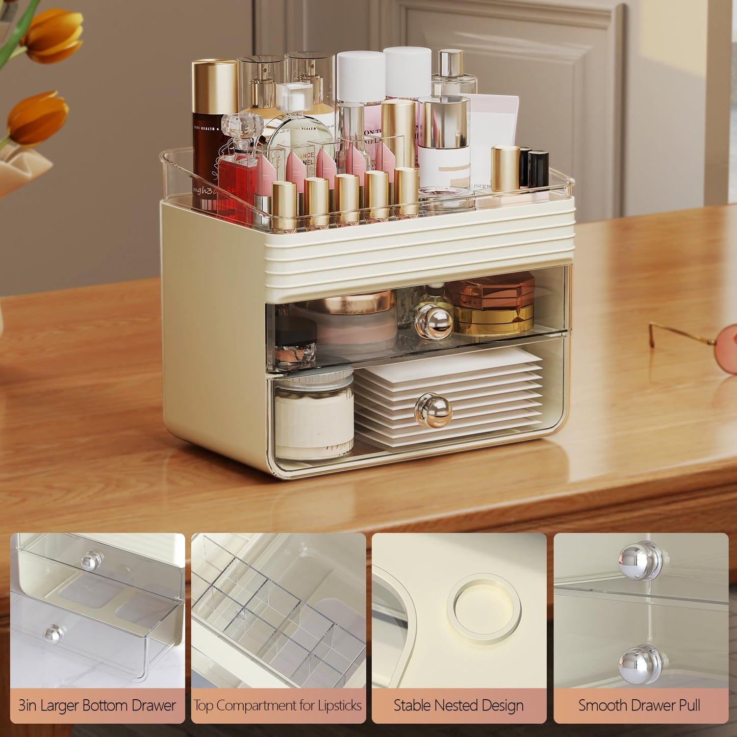 LAMU Makeup Organizer Countertop with Extra Large Drawer