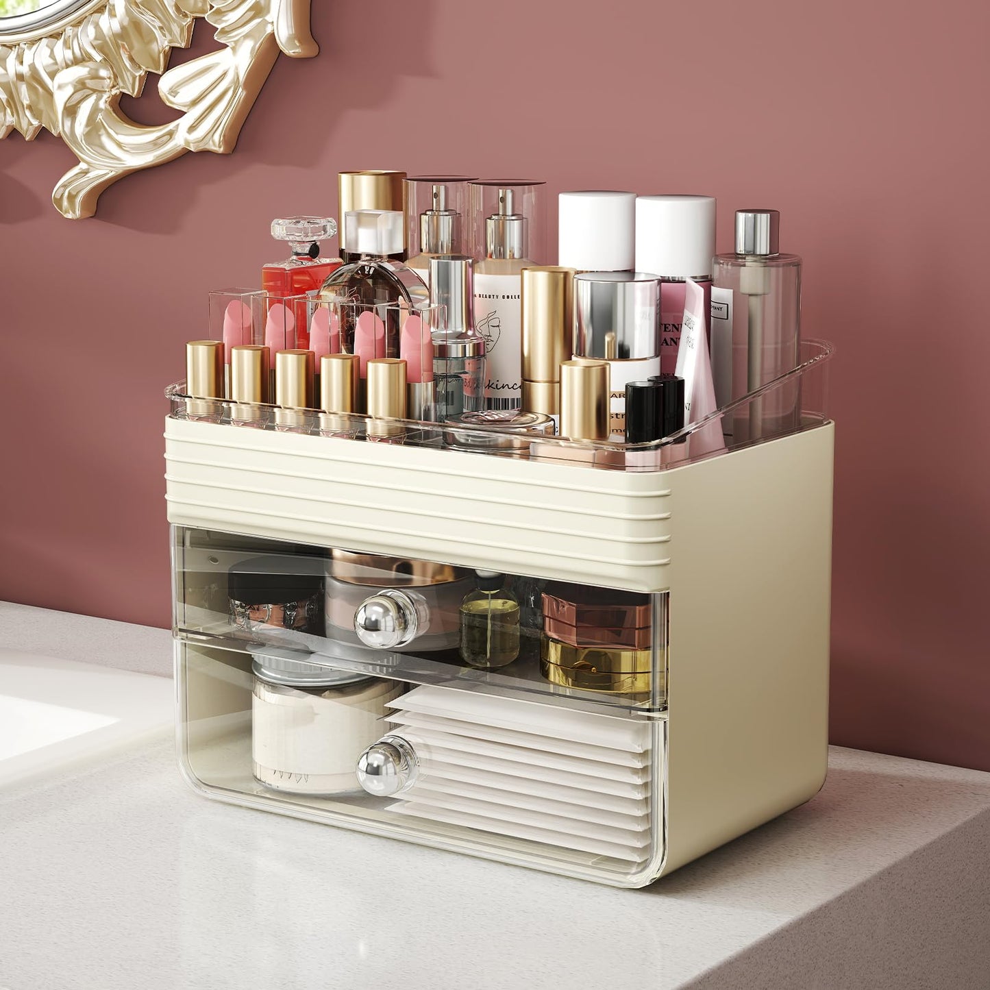 LAMU Makeup Organizer Countertop with Extra Large Drawer