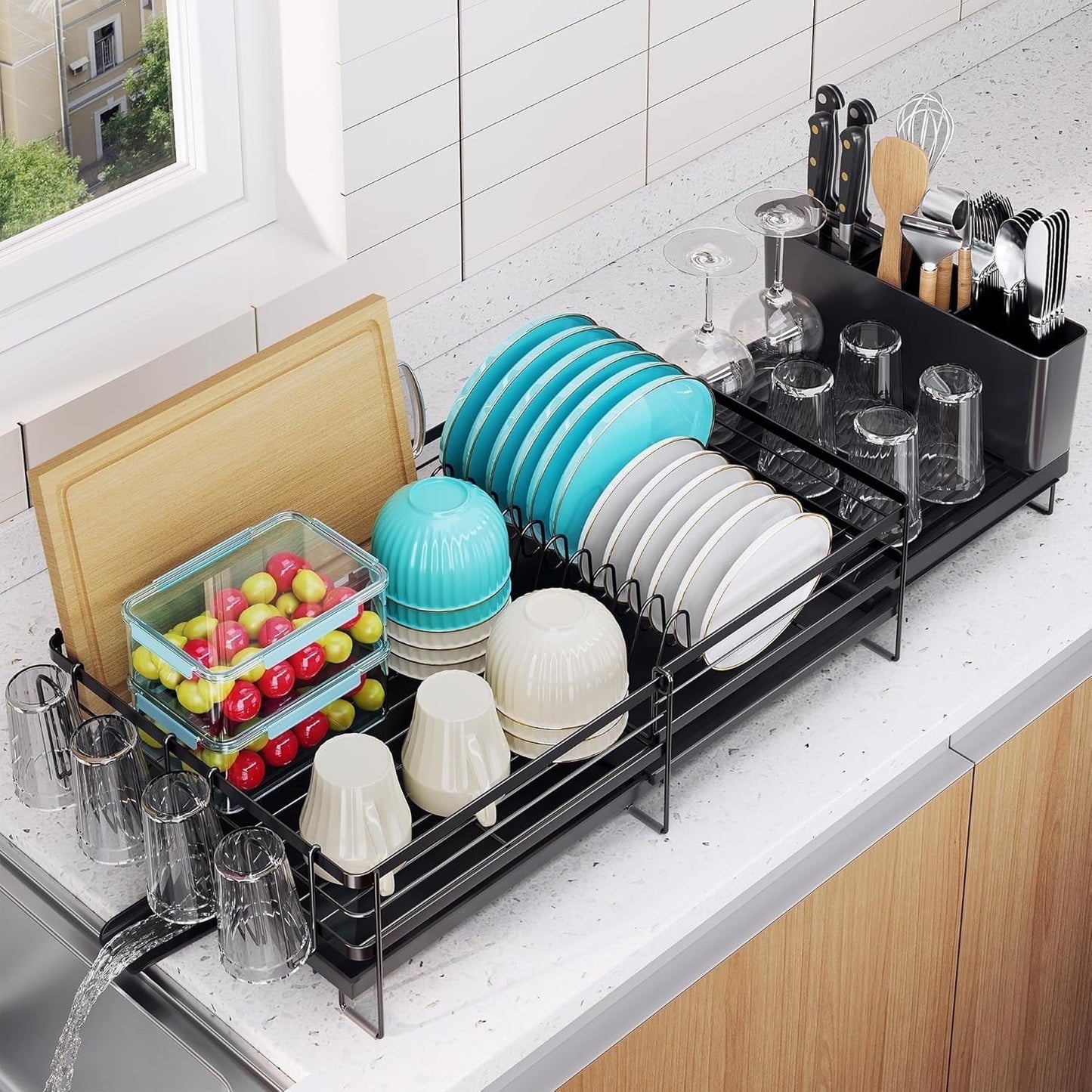 Delamu Extendable Dish Rack Kitchen Drainer Set with Utensil & Cup Holders, Black (11.8" W x 13.4"-28.7" L)