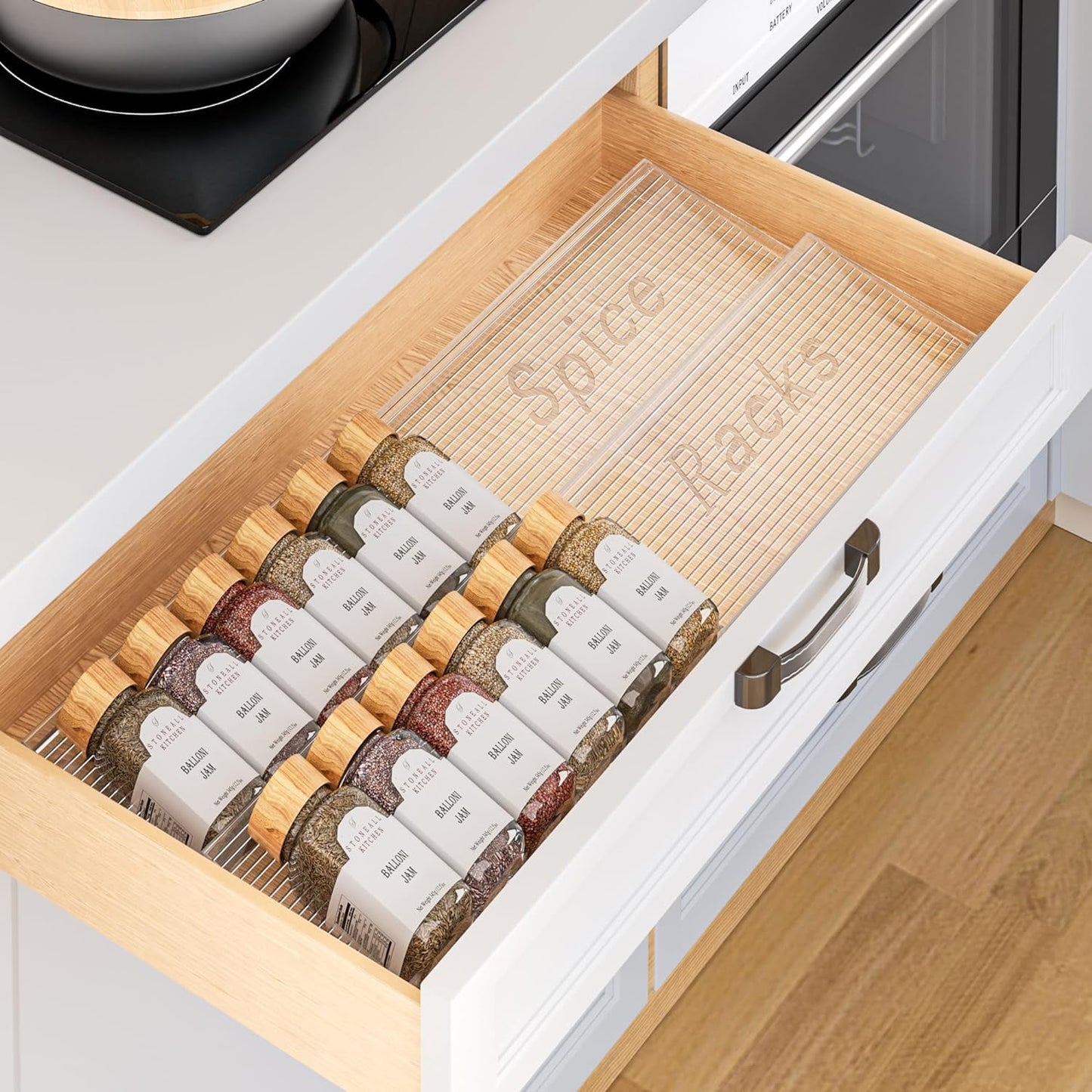 Spice Drawer Organizer, 2 Tier Expandable from 11" to 22" Seasoning Rack Tray Insert for Kitchen Drawers, Spice Rack Tray for Drawer/Countertop, Transparent