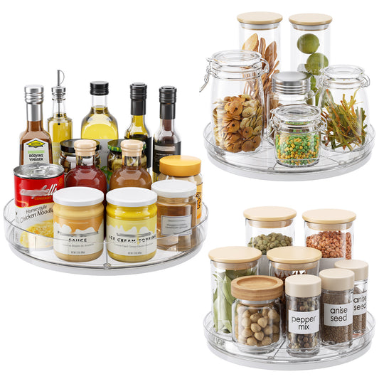 LAMU 3 Pack Lazy Susan Organizer, Clear Lazy Susan Turntable for Cabinet Rotating Organizer for Kitchen, Pantry, Refrigerator, Table Top, Bathroom, Spice Storage Comdiment Organizer 11.4'' +2Pcs 9''
