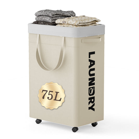 Delamu Laundry Basket with Wheels, Beige