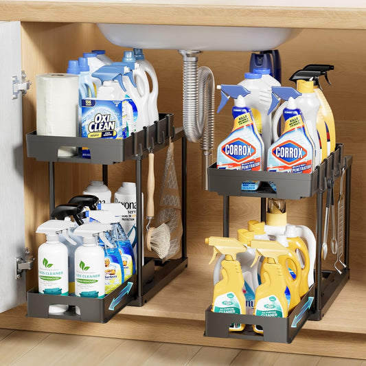 Delamu 2 Pack ABS Under Sink Organizer, 2 Tier Double Sliding Basket Bathroom Cabinet Organizer