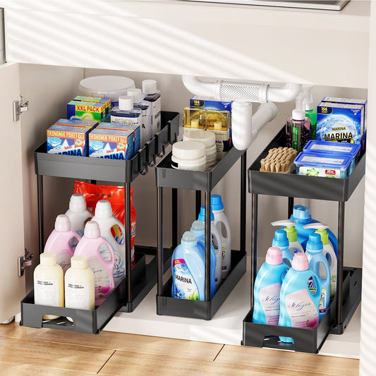 3 Pack Under Sink Organizer, 2-Tier Multi-Use Kitchen Bathroom Organizers and Storage with Sliding Drawer, Delamu Bathroom Cabinet Organizer, Black