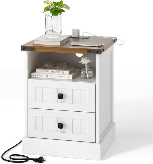 Delamu 18" Farmhouse Night Stand with Charging Station and 2 Drawers