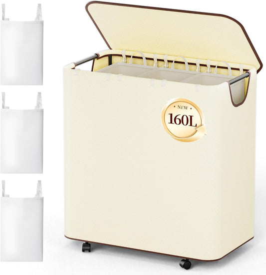 Delamu 160L Laundry Basket with Wheels, Beige
