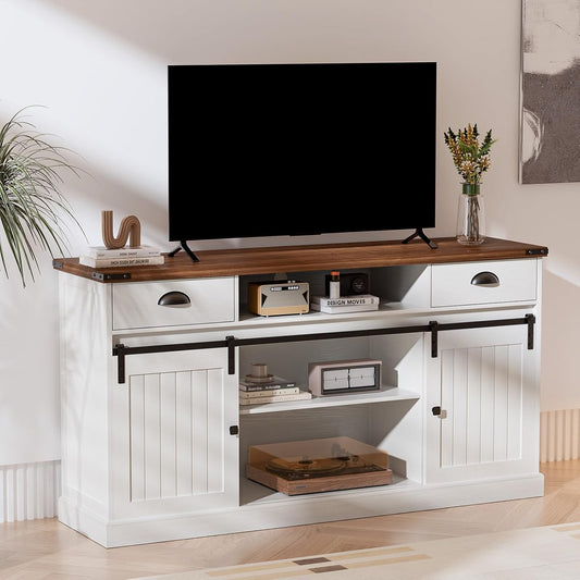 Delamu Farmhouse TV Stand for 65" Television with Sliding Barn Doors, White